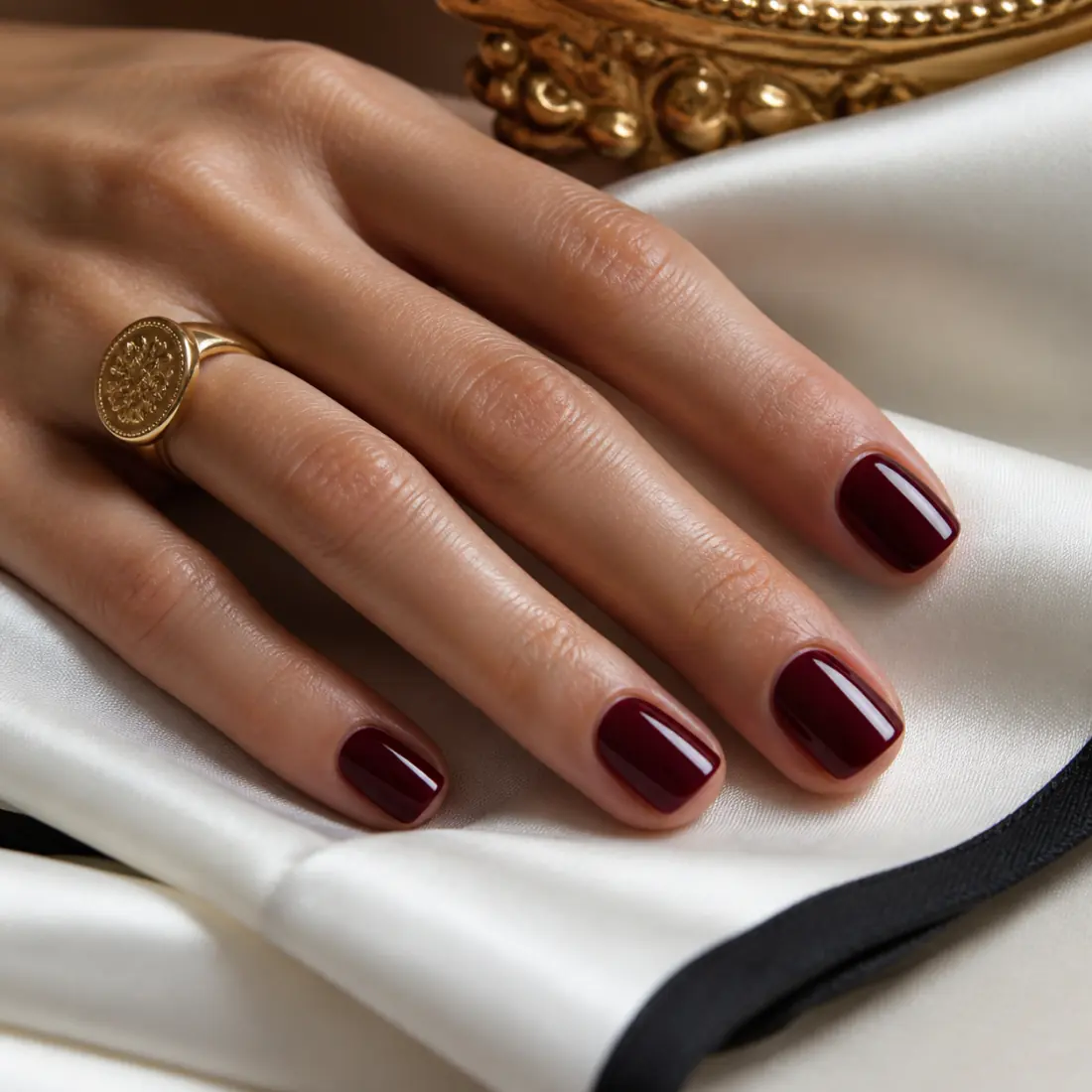 Deep burgundy Shellac manicure with gold jewellery