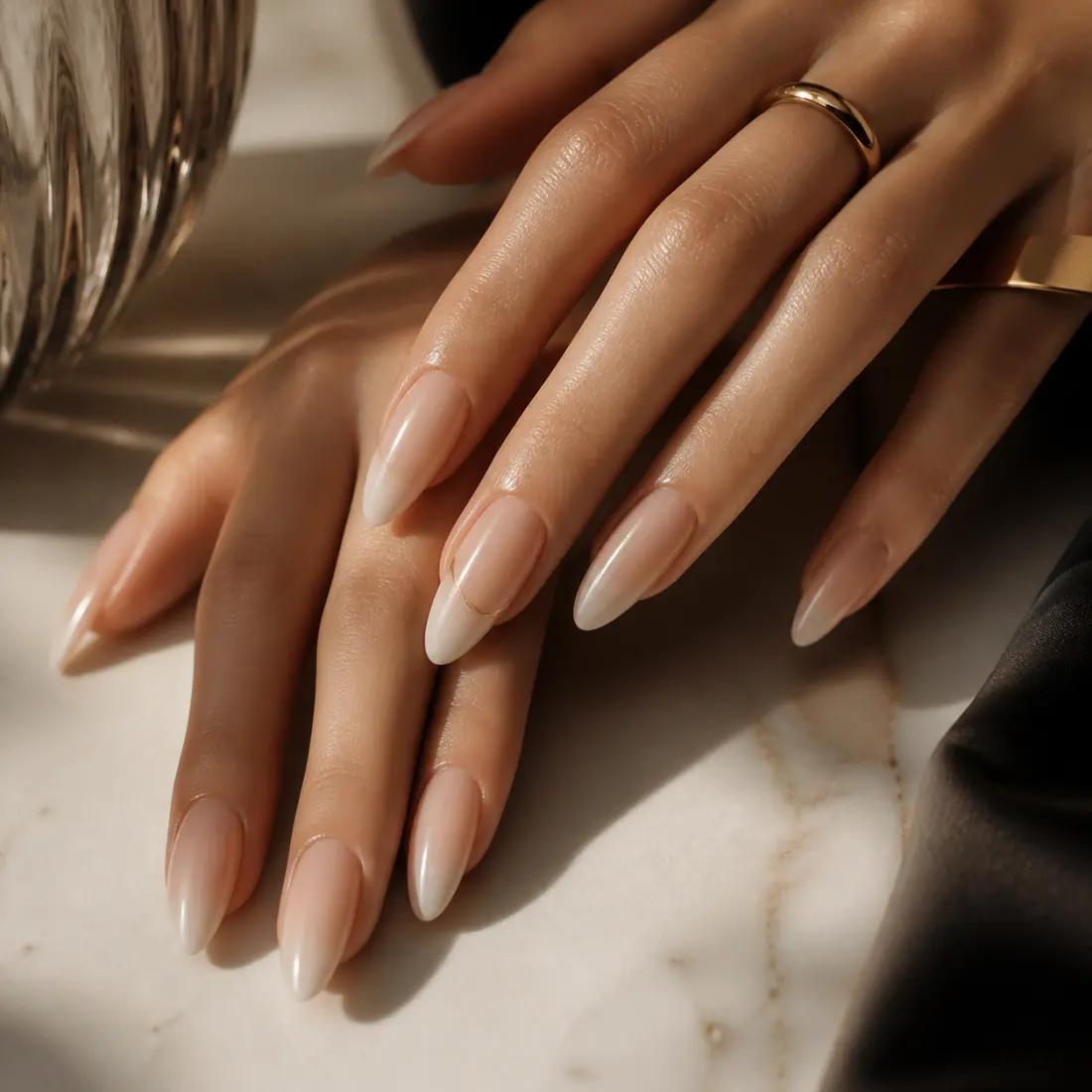 Nude ombre structured nail extensions with a fine gold accent